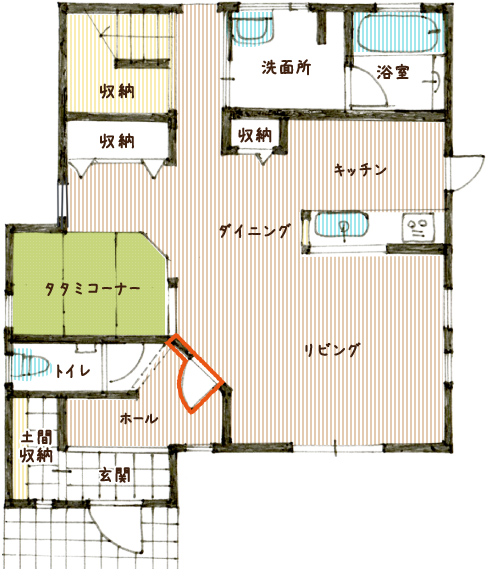 扉を斜めにし、広く見える工夫